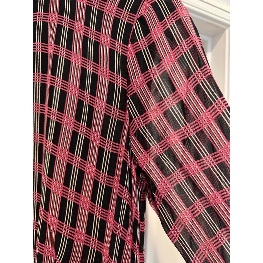 GANNI Pink Black Plaid Mock Neck Long Sleeve Midi Mod Dress Size M - Picture 5 of 13